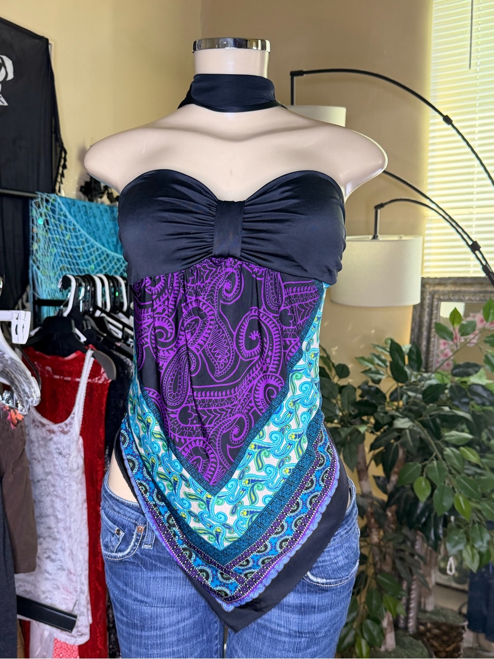 Y2K Mixxed 26 Paisley Pattern Bandana Halter Top Black Purple Small
